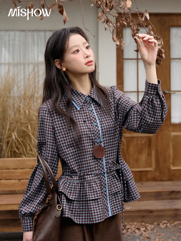MISHOW Retro Blue Plaid Shirt for Women 2025 Autumn Winter Lapel Lantern Sleeves Ruffled Hem Top Slim Casual Shirt MXE89C2420