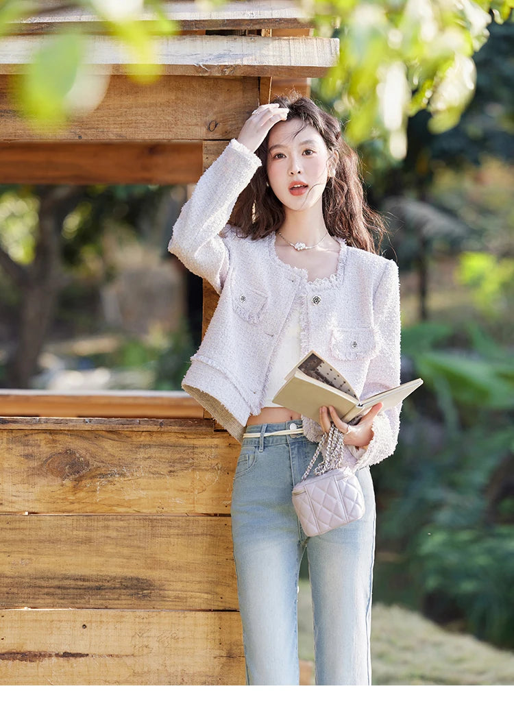 MISHOW Tassel Fragrant Coat for Women 2025 Spring Rose Buckle Weave Short Coats Elegant Square Neck Straight Coats MXE13W0733