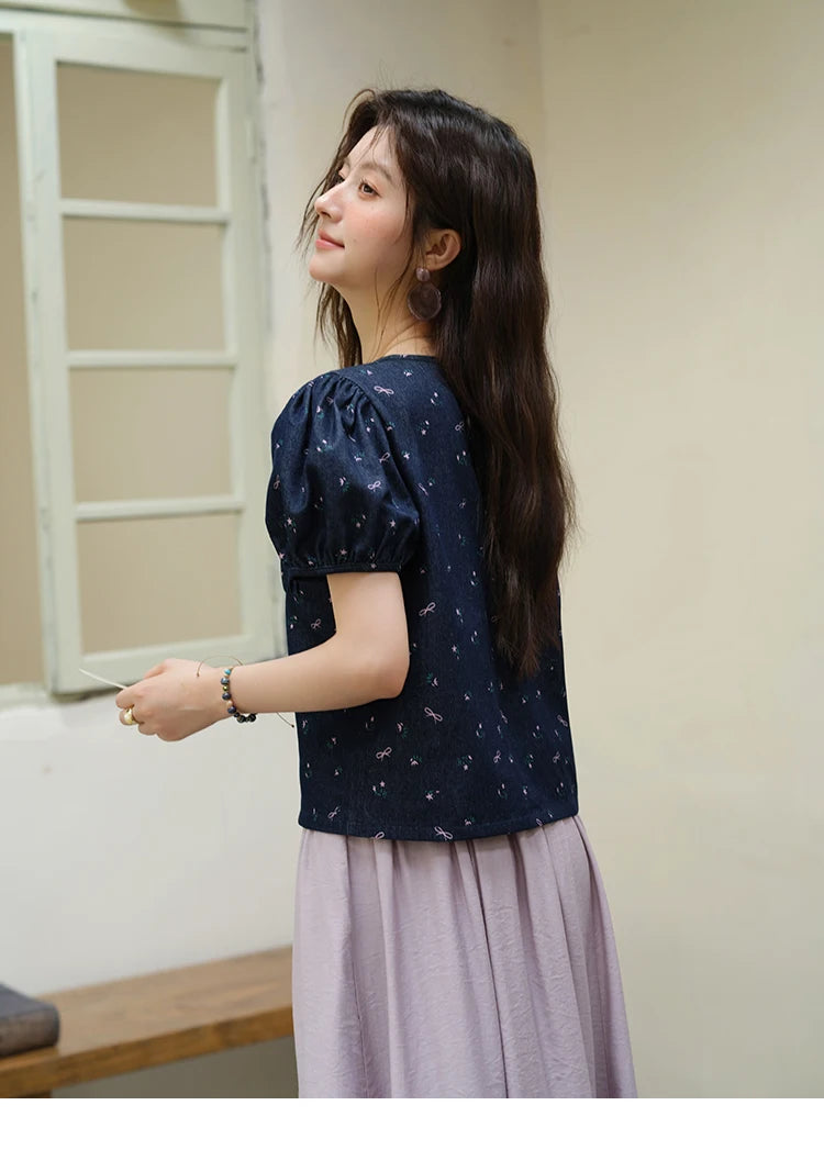 MISHOW Fashion Puff Sleeve Square Neck Blouse for Women 2025 Summer Lace Up Button Print Denim Top Women's Clothing MXE39X1933