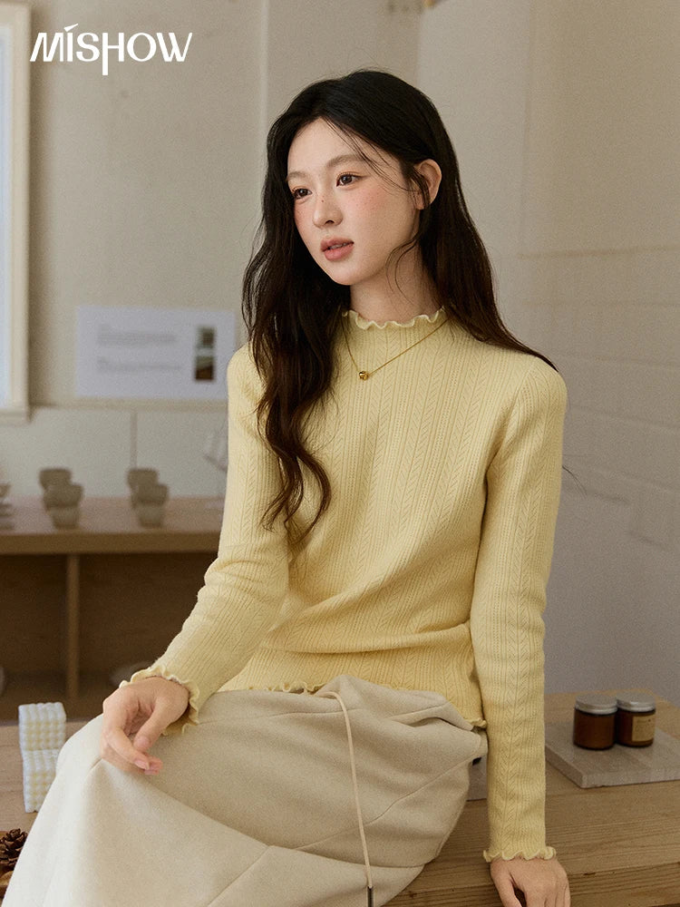 MISHOW Women's One Piece Velvet Thickened Bottom Tops 2025 Winter Versatile Black Fungus Edge Collar Knitted Tops MXE88Z2597