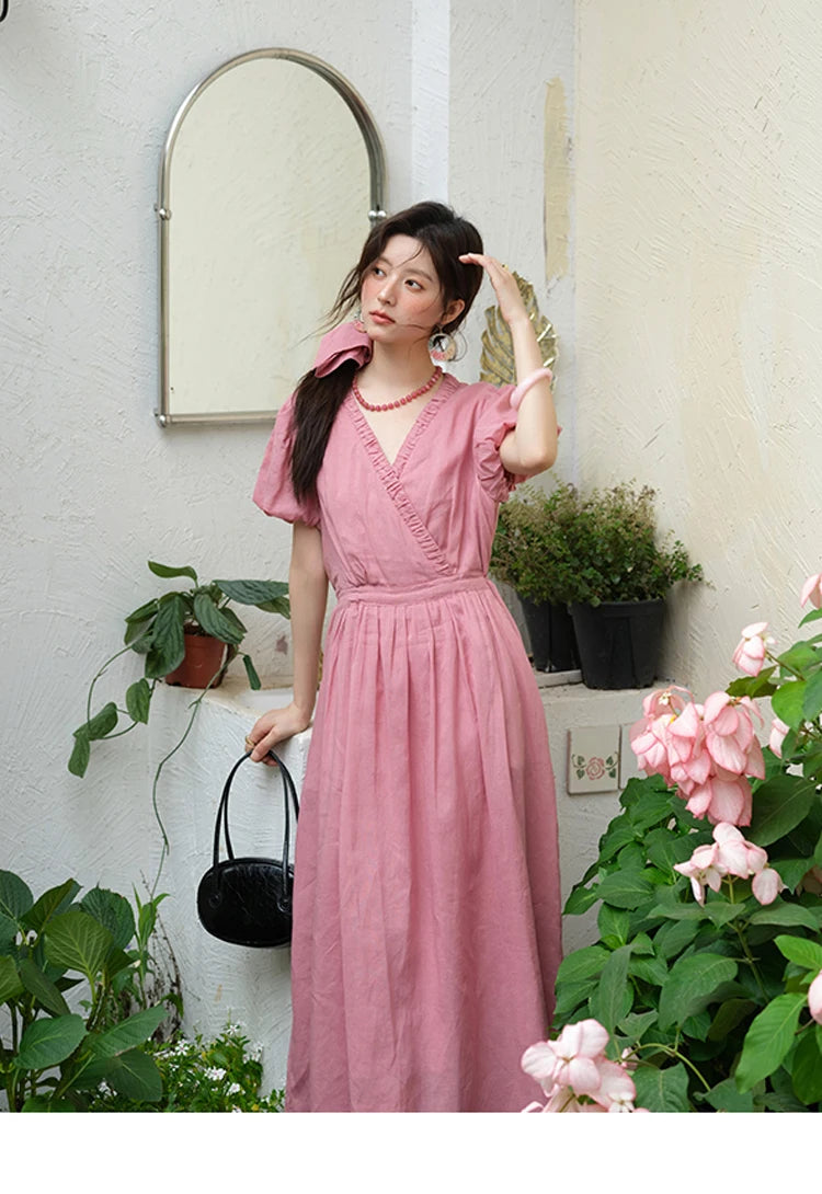 MISHOW Summer Fashion V-neck Dress Woman 2025 New Puff Sleeve Sashes Elegant Pocket Vacation Dresses Ladies Clothing MXE39L2381