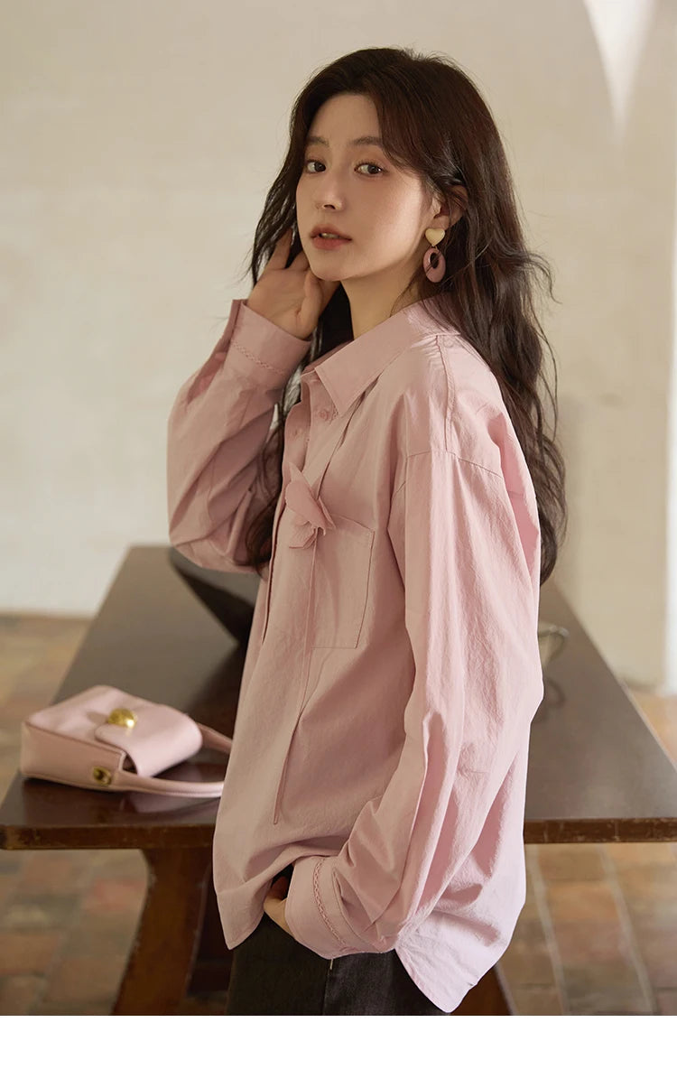 MISHOW 100% Cotton Shirt For Women Autumn 2025 New Fashion Petal Ribbon Button Long Sleeves Shirt Women's Clothing MXE41C2349