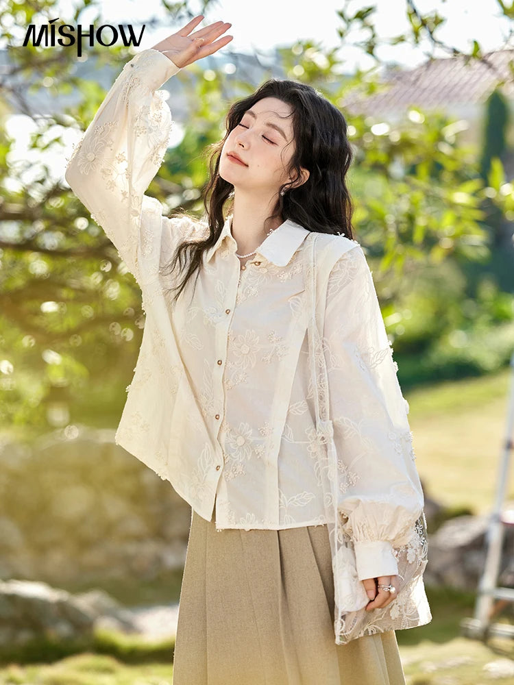 MISHOW 100Cotton Embroidered Jacquard Shirt for Women Spring 2025 Long Sleeved Loose Top Lapel Single Breasted Shirts MXE12C0391
