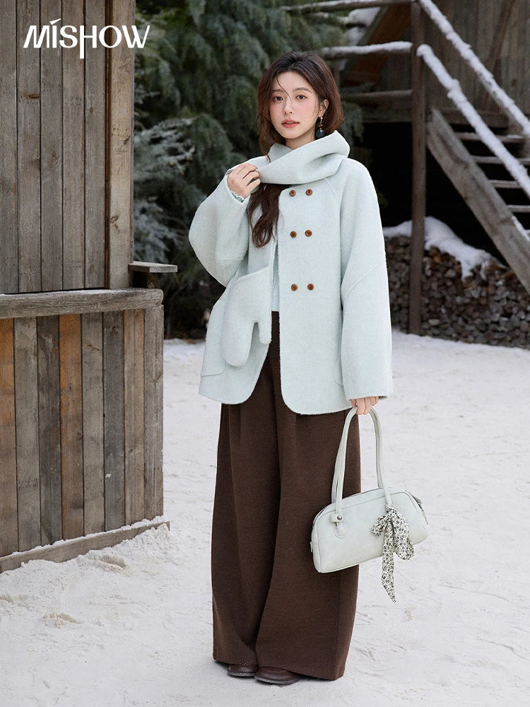 MISHOW 100% Wool Mint Green Double-sided Woolen Coats for Women Winter 2025 Warm Loose Coat with 2-in-1 Scarf Gloves MXE92W1014