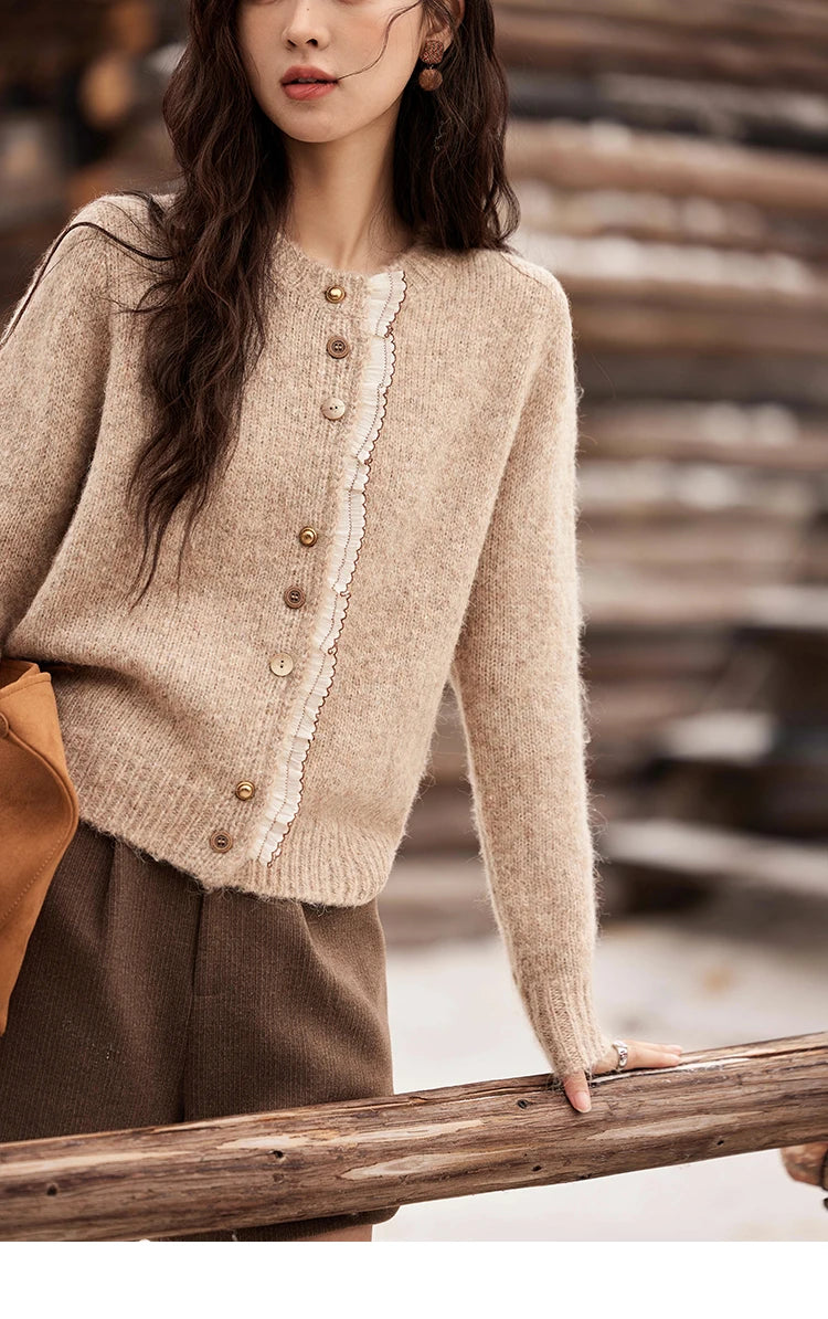 MISHOW Spliced Lace Knitted Cardigan O-Neck Sweaters Women Button Design Temperament Long Sleeved Tops Office Lady MXD58Z0998