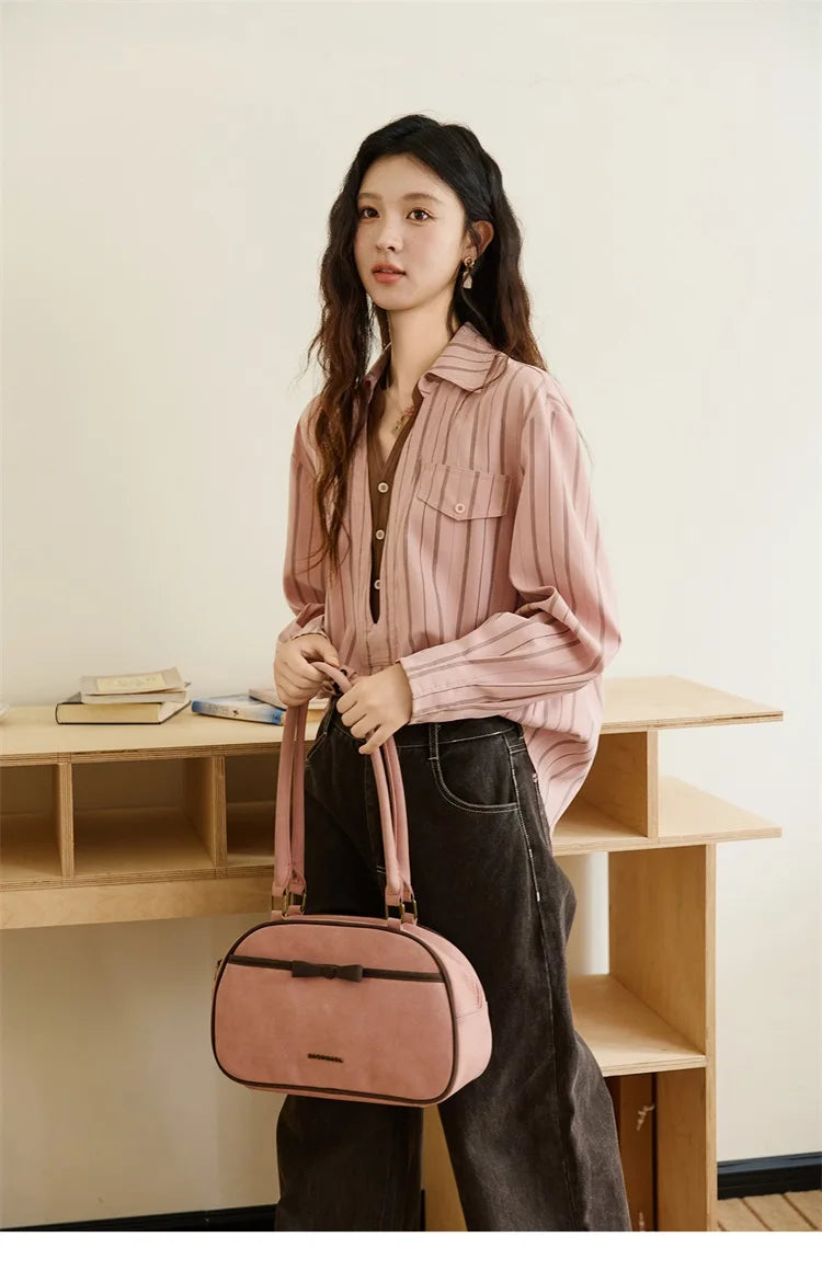 MISHOW Peach Skin Velvet Stripe Shirt for Women Autumn 2025 Double Layered Collar Contrasting Color Shirt Commute Top MXE47C2408