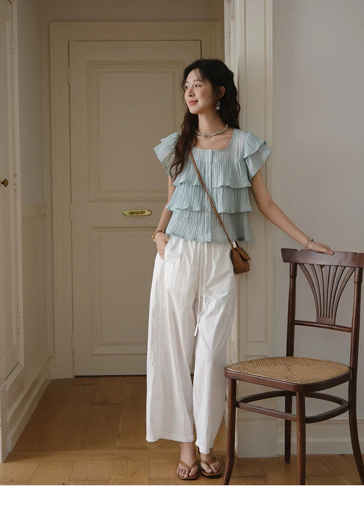 MISHOW Butterfly Sleeve Chiffon Shirt Women's 2025 Summer New Women's Clothing Retro Square Neck Button Casual Shirt MXD30X1488