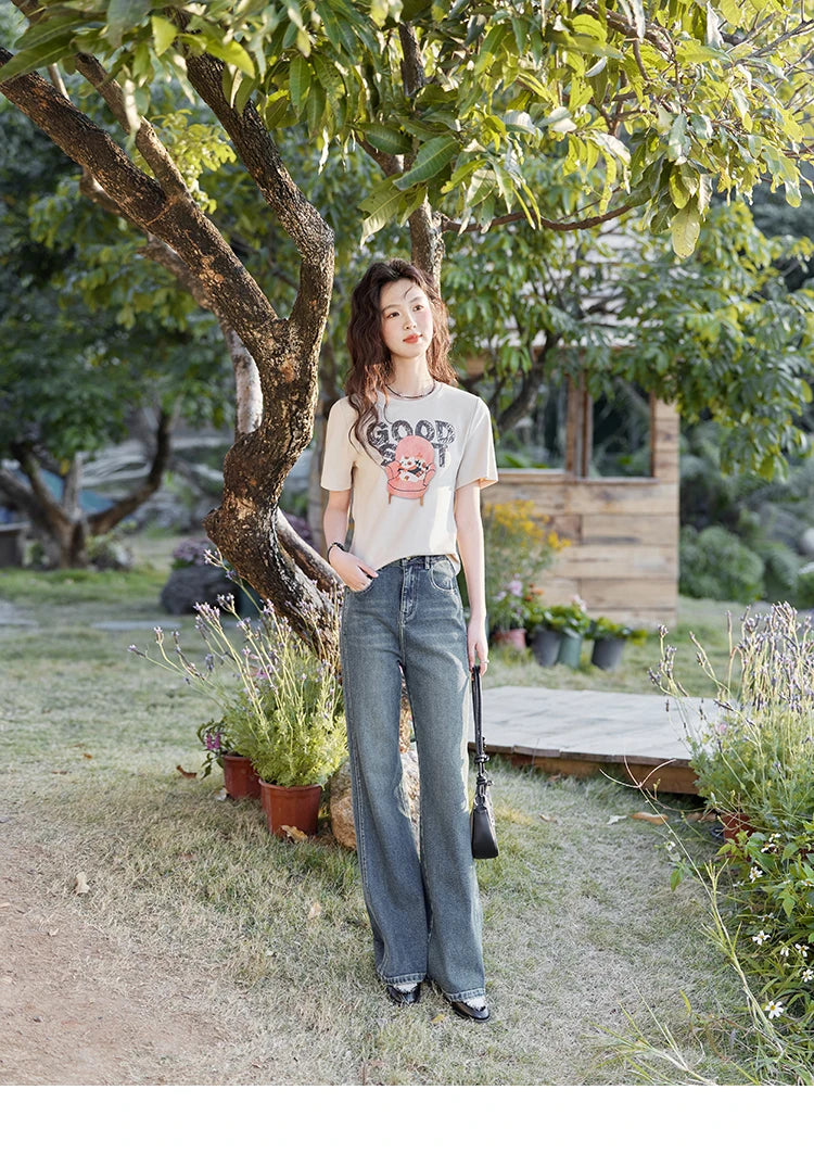 MISHOW Printed Cotton T-shirts for Women Spring 2025 Loose Slim Short Round Neck Tees Versatile Soft Casual Tops MXE13T0461