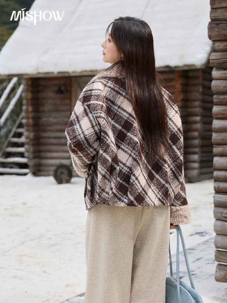 MISHOW Woman Jacket 2025 Autumn Winter Loose Retro Plaid Turn-down Collar Short Jacket Commute Warm Wool Blend Coat MXE89W0904