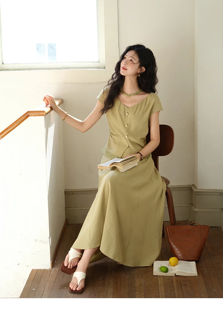 MISHOW Two-Piece Ladies Set 2025 Summer New Fashion V-neck Button Lace Hollow Out Spliced Top Pocket A-line Skirt Set MXE39T0665