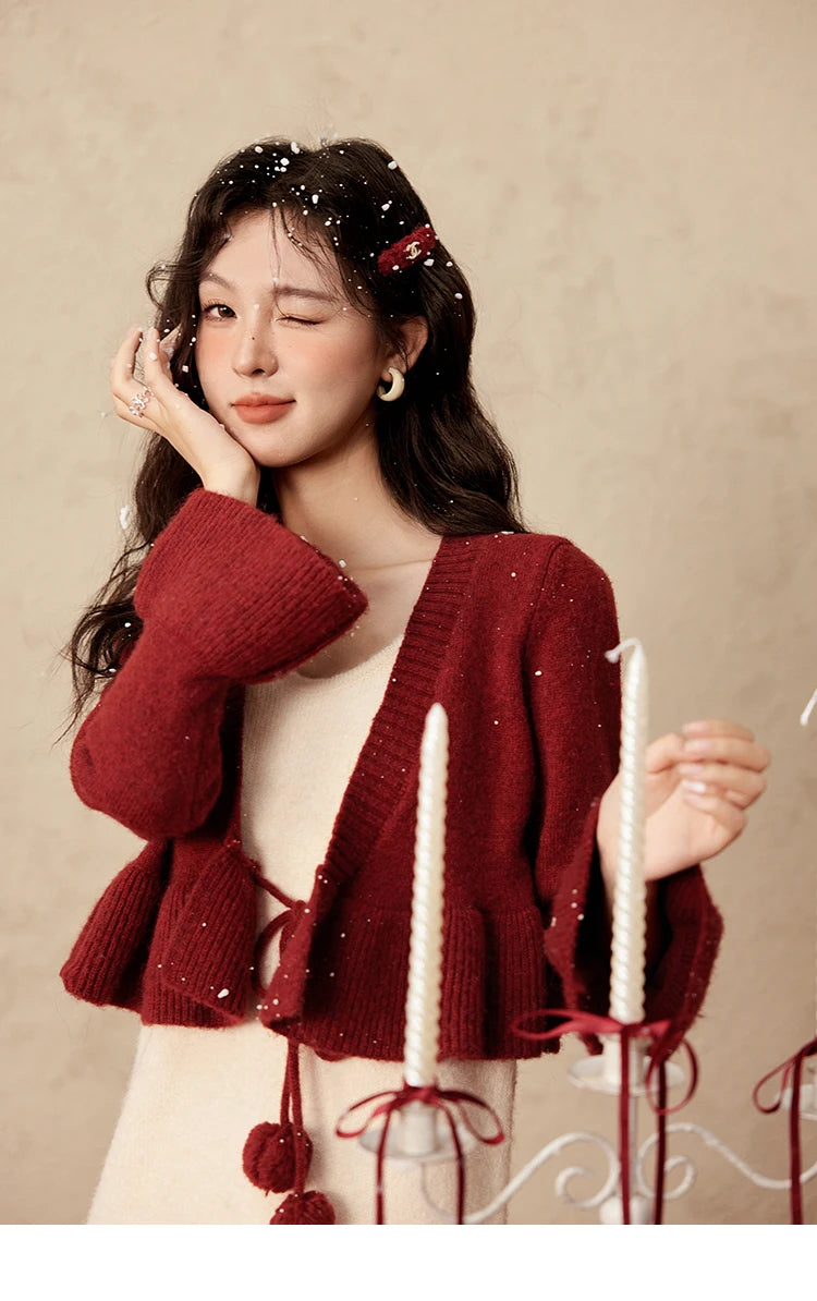 MISHOW Christmas New Year Ruffle Strap Dress Pom-Pom Lace-up Knitted Cardigan Sepertely 2024 Hem Fish Tail Dresses MXD59L2133