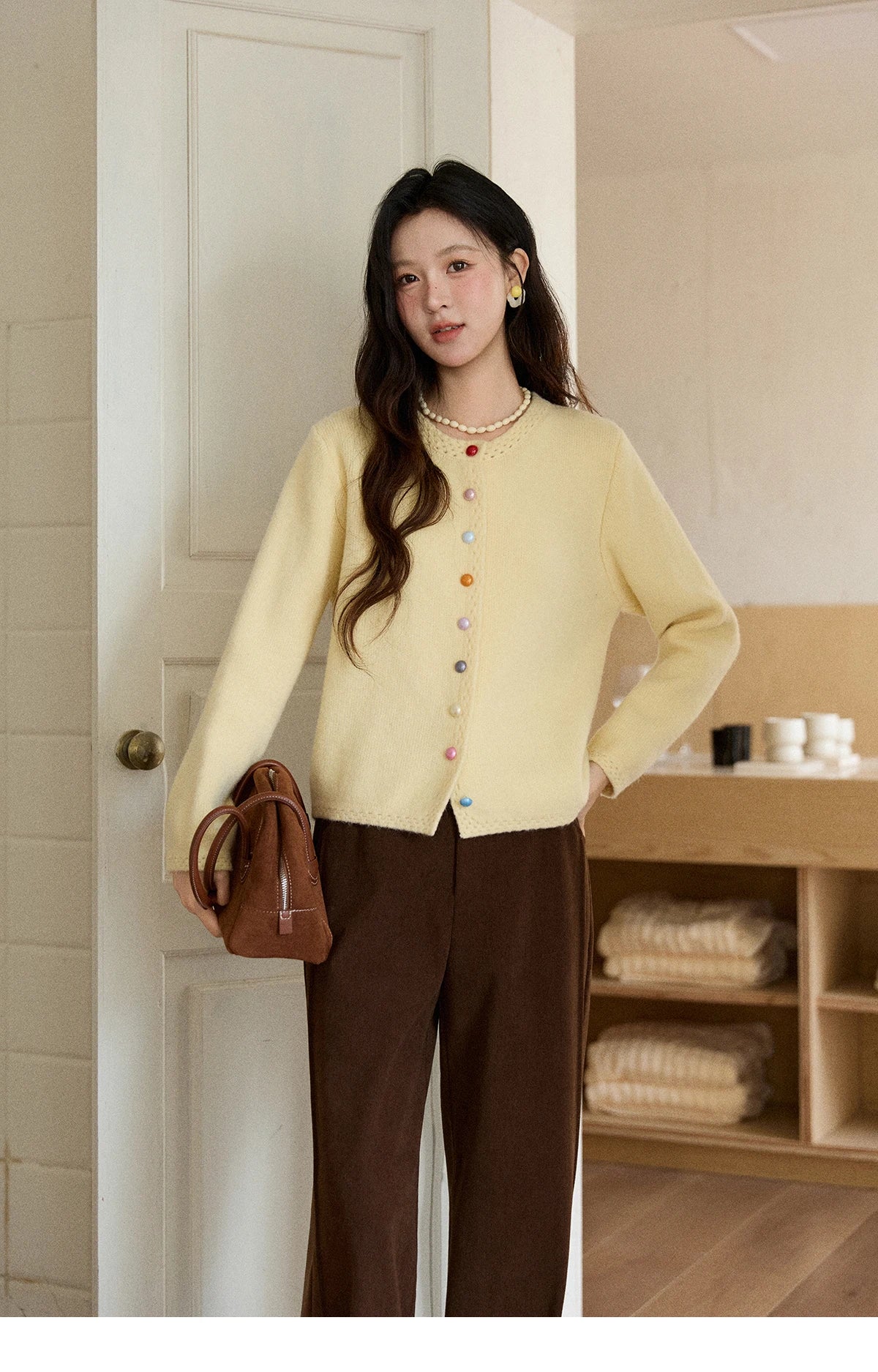 MISHOW Women's Cardigan 2025 Slim Fit Hollow Out Round Neck Rainbow Button Sweater French Style Solid Warm Knitwear MXE90Z2796