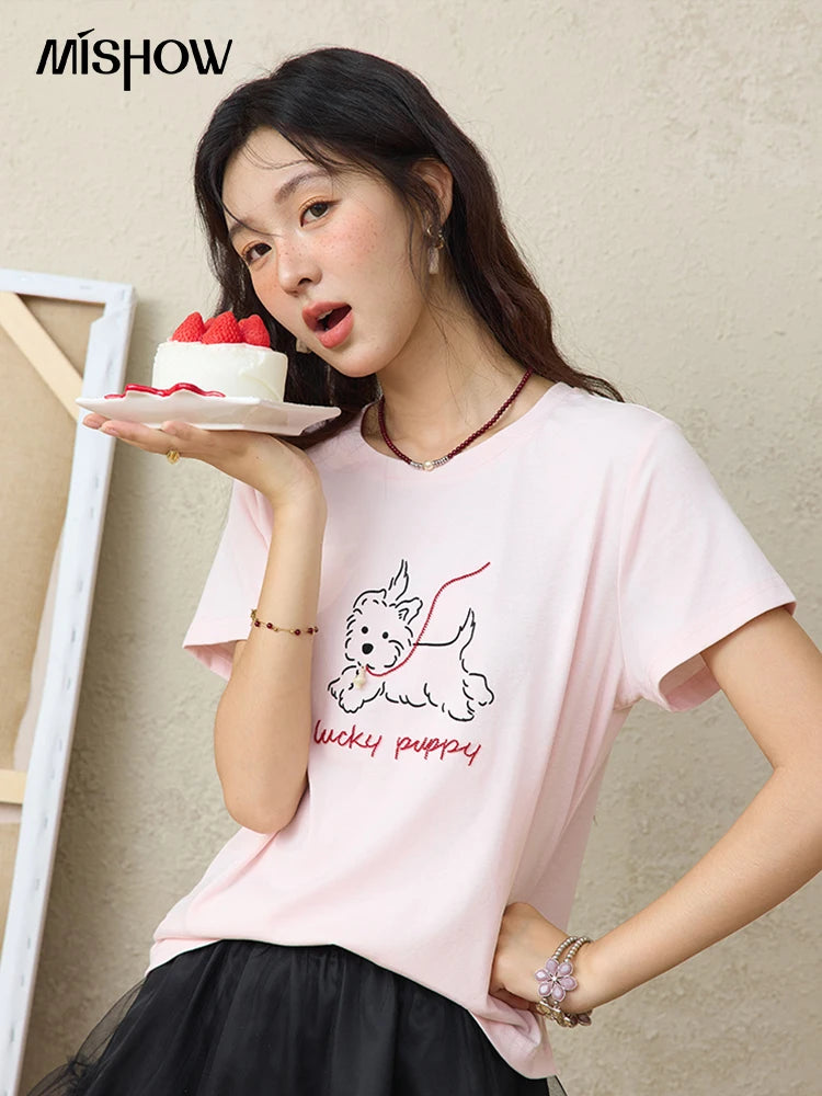 MISHOW Cute Printed Puppy Short Sleeve T-shirt 2025 Summer Round Neck Short Sleeved T-shirt Cotton Blend Casual Tees MXE36T0640