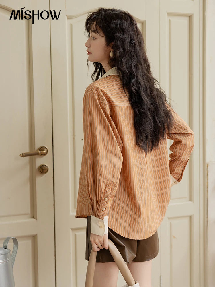 MISHOW Loose Striped Shirt for Women Autumn 2025 Contrasting Lapel Top Single Breasted Patchwork Shirts Office Lady MXD41C0286
