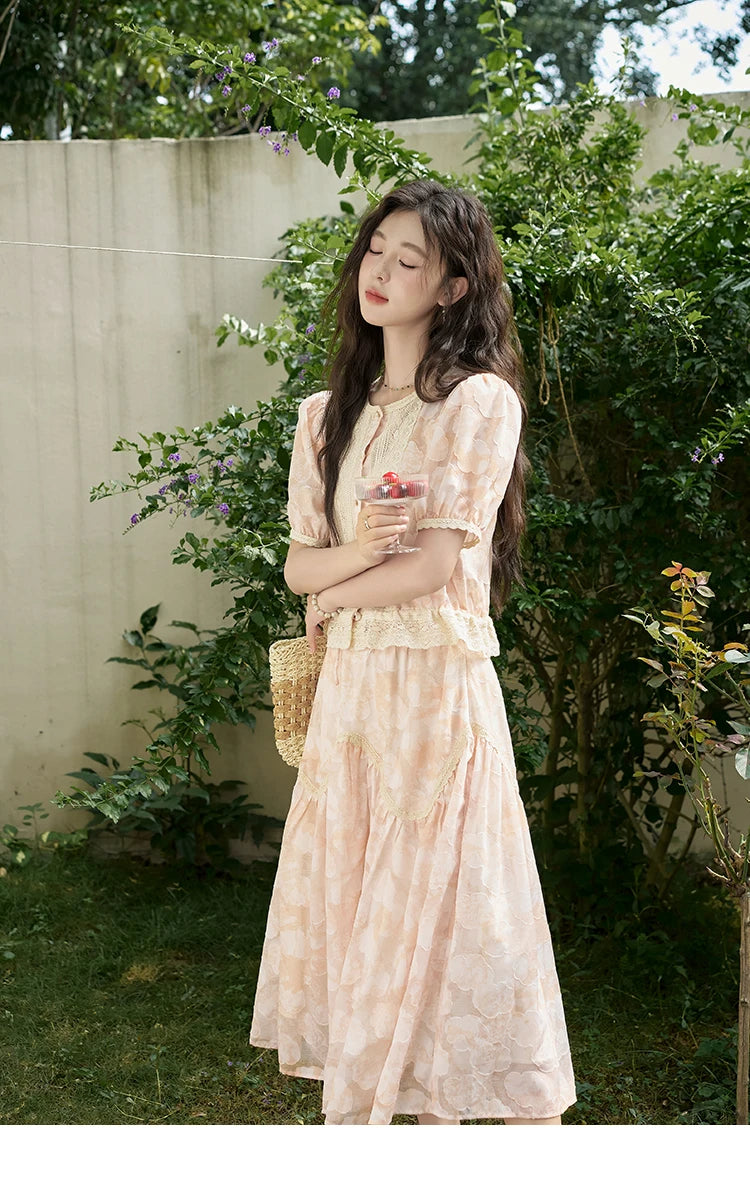 MISHOW French Embroidered Lace Bubble Sleeve Top & Elastic Waist Skirt Set MXD23X1428