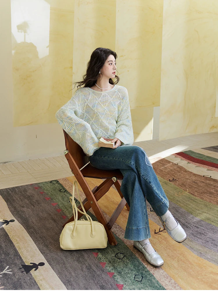 MISHOW Women's Hollow Knitted Sweater 2025 Spring Loose Thin Dropped Shoulder Top Wool O Neck Hem Wavy Edge Sweaters MXE14Z1208