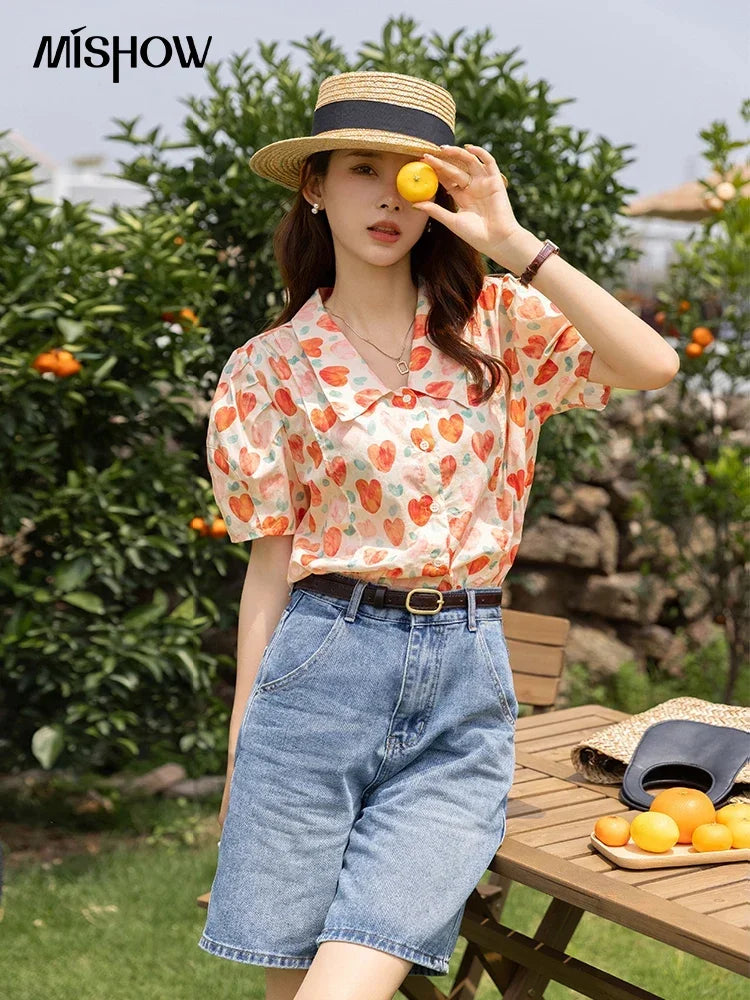 MISHOW Korean Floral Blouse Polo-Neck Puff Sleeve MXB27C0450