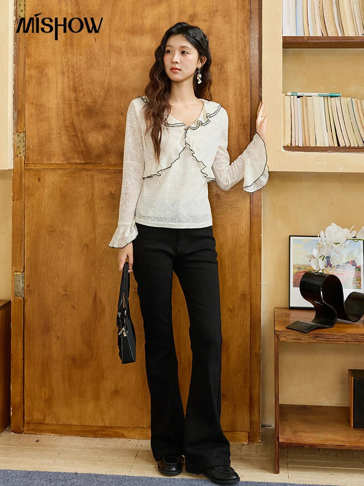 MISHOW Lace Blouse for Women Autumn 2025 V-neck Ruffle Edge Contrasting Embroidery Loose Top Flare Sleeve Blouses MXE45X2483