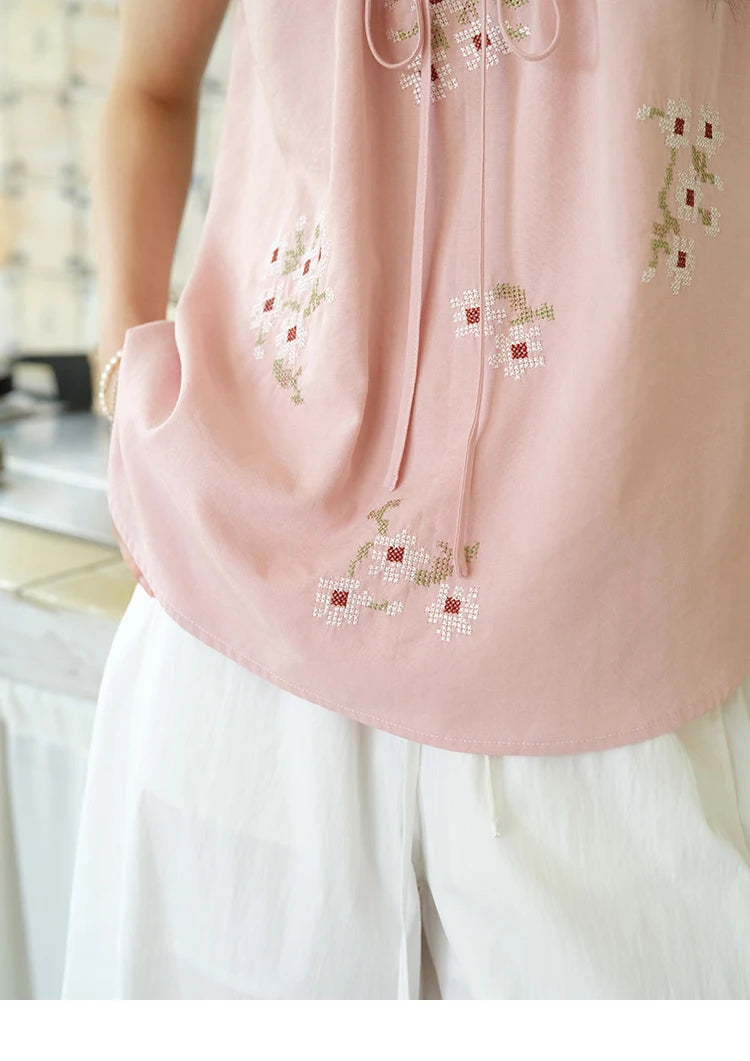 MISHOW Fashion Embroidery Flower Blouses for Woman 2025 Summer O-Neck Lace Up Flying Sleeve Lace Spliced Loose Top MXE39X1880