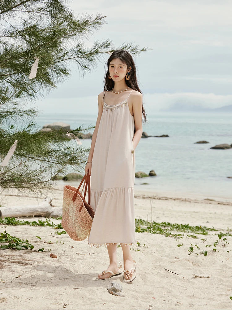 MISHOW Lotus Pink Camisole Dress for Women Summer 2025 Sleeveless Solid Shell Ribbon Dresses Female Fashion Shirring MXE33L2156