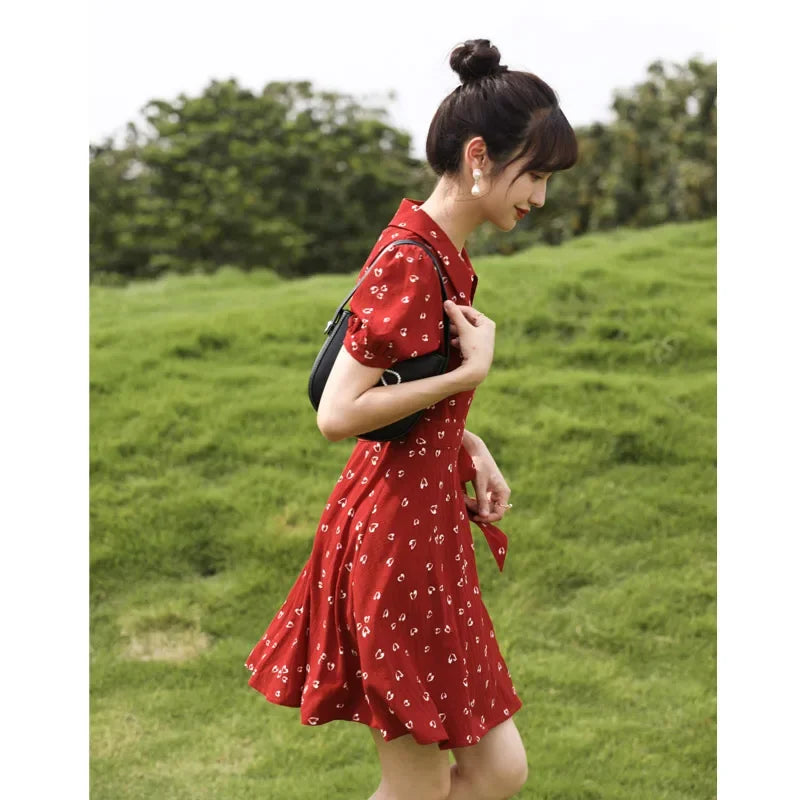 MISHOW Red Dresses For Women Summer French Hepburn One Piece V-neck Chiffon A-shape Floral Holiday Midi Dresses MXA29L0356