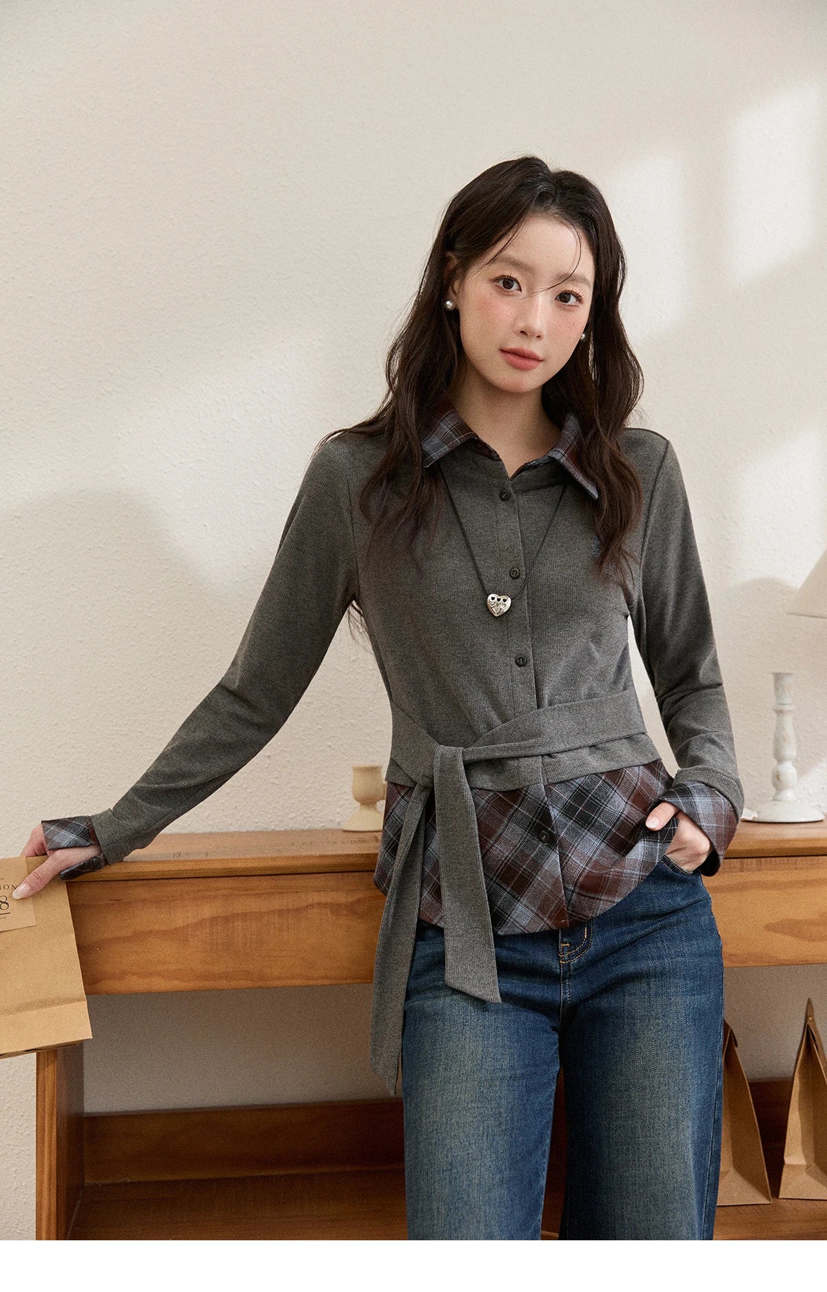 MISHOW Women's Shirt 2025 Autumn Winter Fake Two-piece Plaid Patchwork Knit Top Lapel Waist Tie Embroidery Design Top MXE89C2421