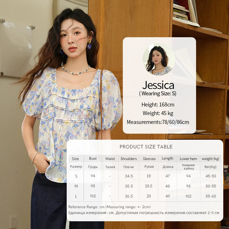 MISHOW Fashion Square Neck Puff Sleeve Blouse for Women 2025 Summer New French Sweet Loose Print Top Ladies Clothing MXE39X1937