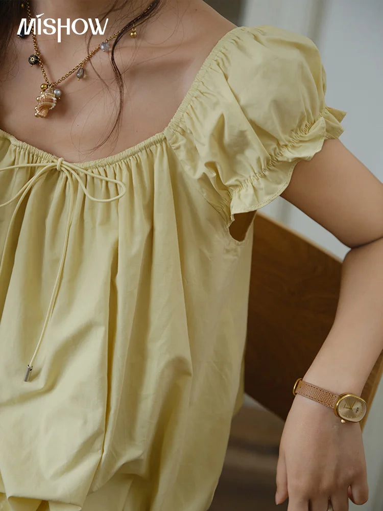 MISHOW 100% Cotton Blouse for Women 2025 Summer New Fashion Puff Sleeve Casual Commute Lace Up Top Ladies Clothing MXE37X1893