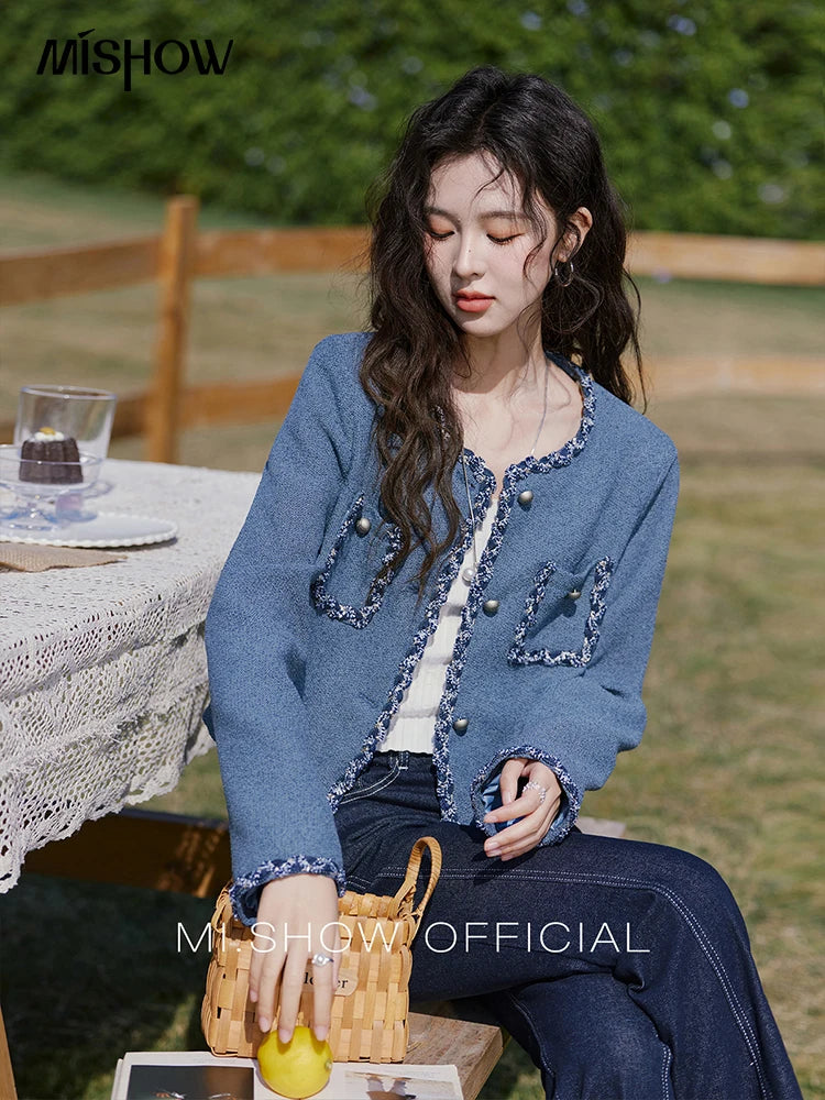 MISHOW Retro Fragrant Style Jacket for Women Spring 2025 Shoulder Pads Coarse Tweed Splicing Ribbon Blue Suit Coats MXE13W0705