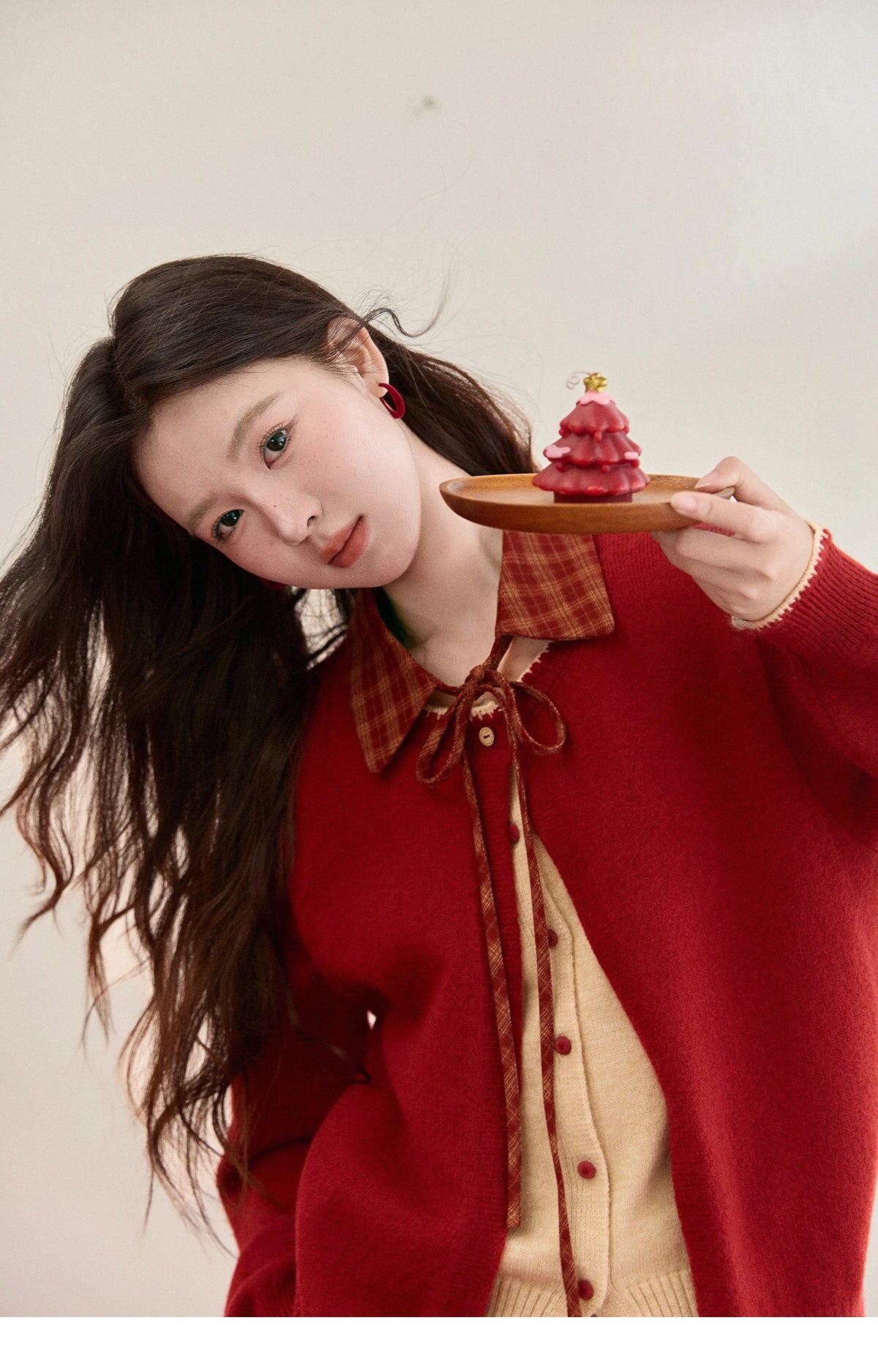 MISHOW Color Block Contrast Fake Two-Piece Cardigan Women Winter Removable Plaid Collar Tie Thickened Knitted Sweater MXE93Z2816