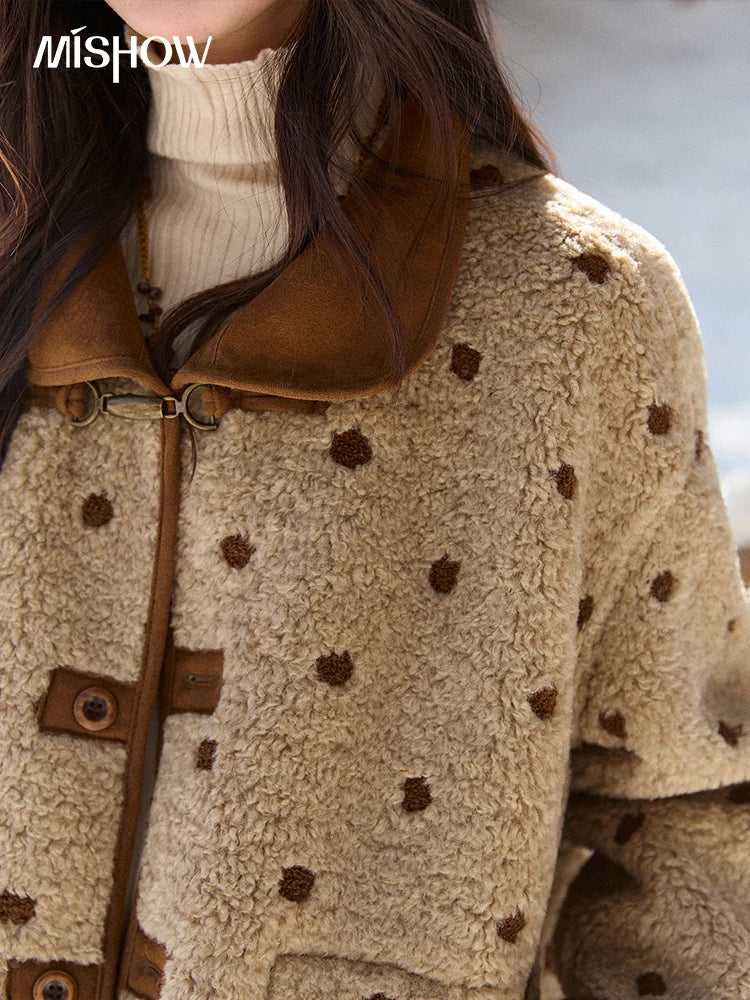 MISHOW Women's Brown Reversible Shearling Coat 2025 Winter Suede Polka Dot Lapel Coats Fleece Thick Warm Short Jacket MXE93W1012