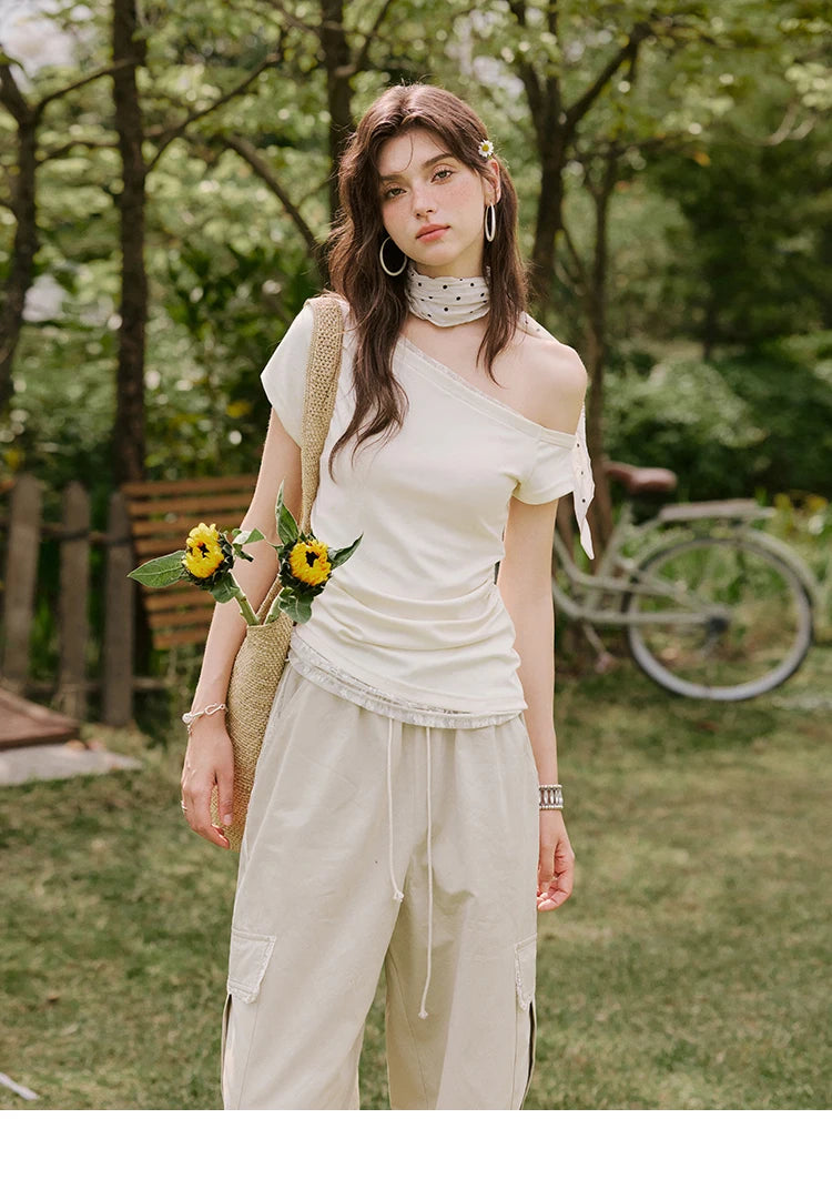 MISHOW Sexy Summer New T-shirts Women 2025 Short Sleeve Skew Collar Off-shoulder Lace Shirt Female Versatile Thin MXE31T0503