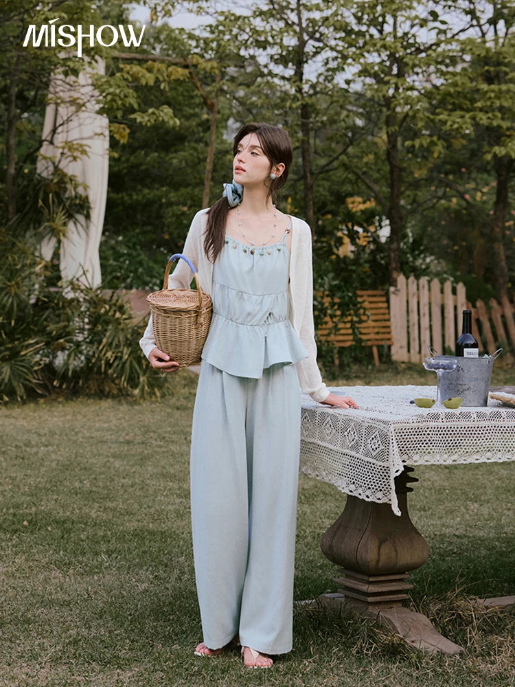 MISHWO Office Lady Summer Camisole Pant Sets for Women 2025 Solid Sleeveless Tops High Waist Loose Pants Female New MXE33T0547