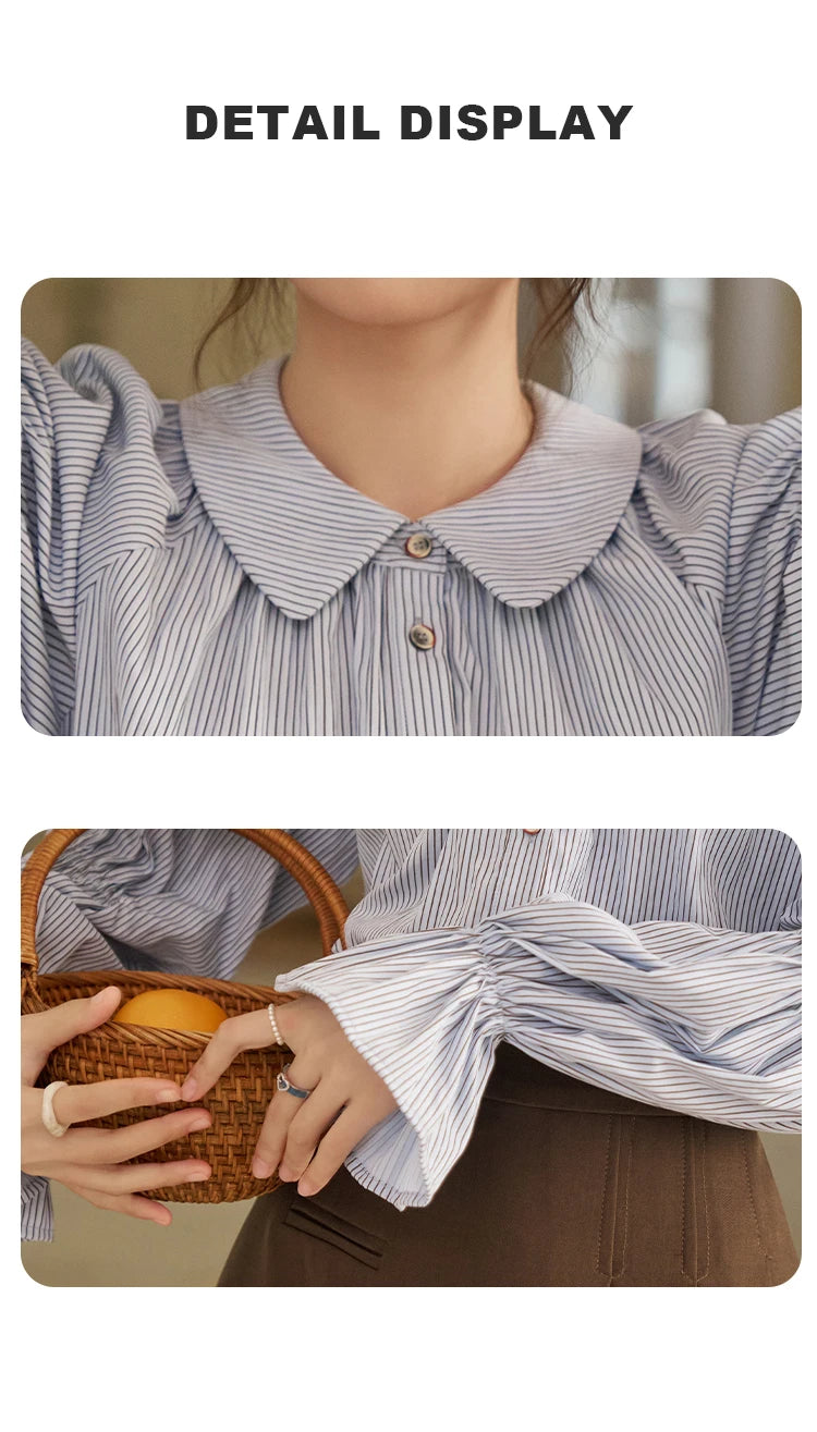MISHOW Women's Blue Stripe Shirt 2024 Spring Fashion French Retro Bubble Sleeves Doll Neck Loose Tops Office Lady MXD12C0163
