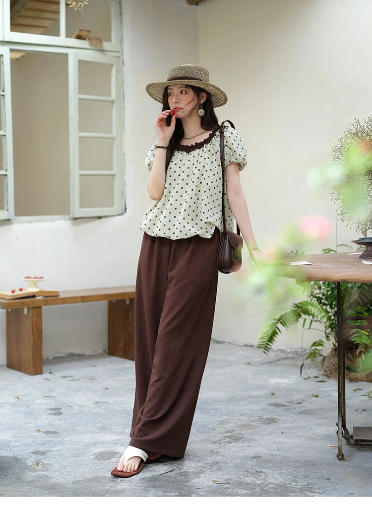 MISHOW 2025 Summer Women's Two Piece Set Polka Dot Puff Sleeve Top Casual Pocket Wide Leg Pants Set Female Clothing MXE39T0657