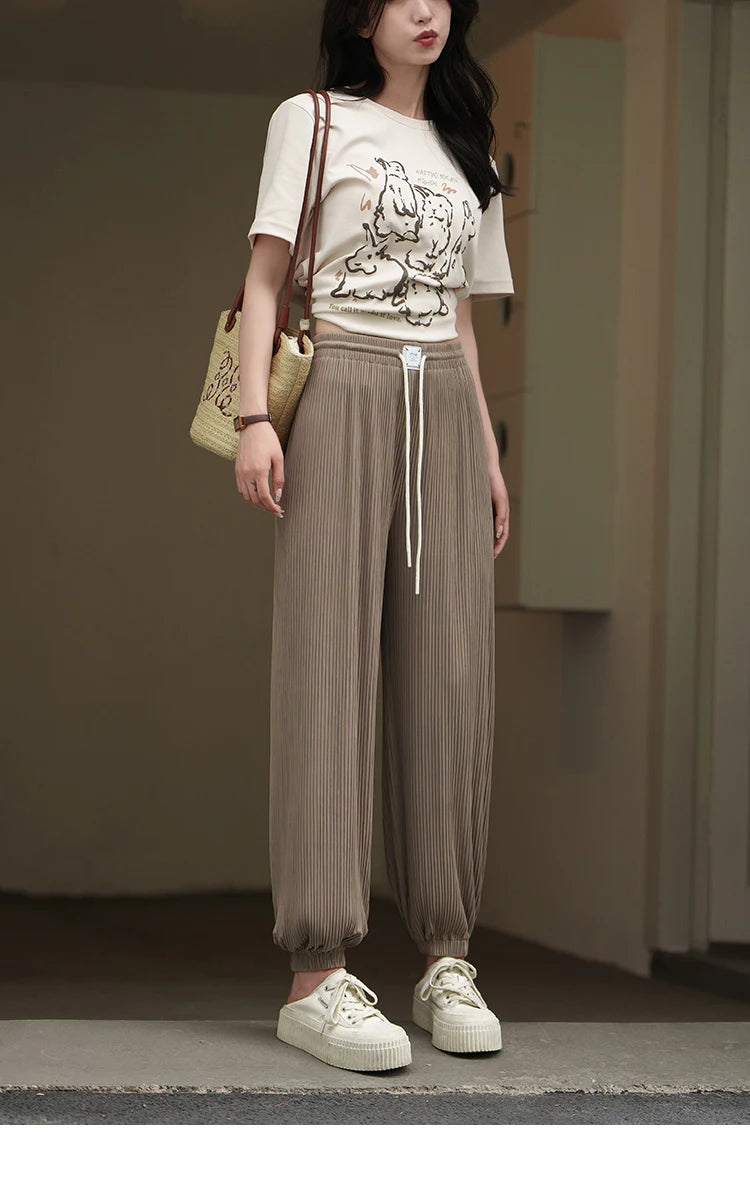 MISHOW Casual Pants for Women 2023 Summer Solid High Waist Slim Straight Elastic Waist Trousers Ankle-Length Pants MXC33K0069