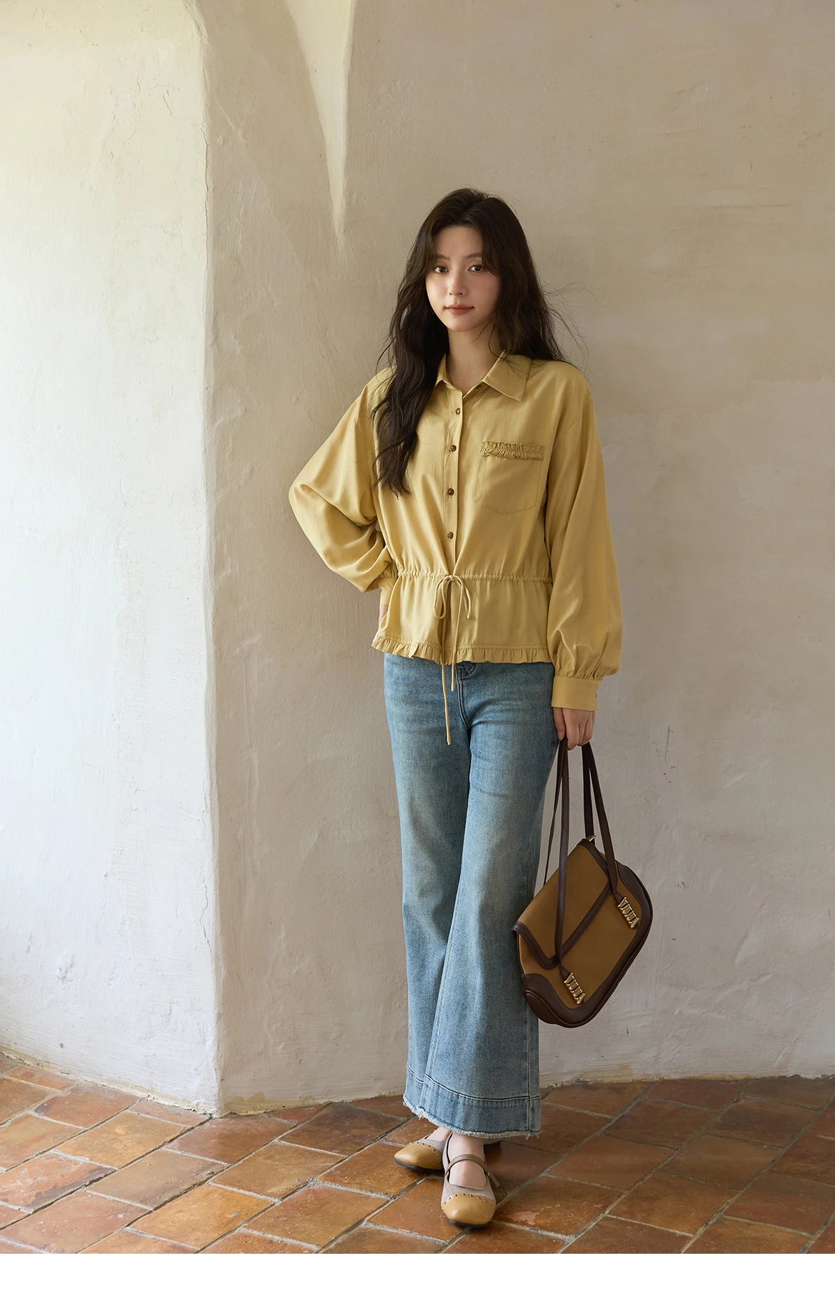 MISHOW Autumn French Drawstring Waist Shirt 2025 Yellow Hem Lotus Leaf Top Female Lapel Lantern Sleeve Commuter Shirt MXE42C2368