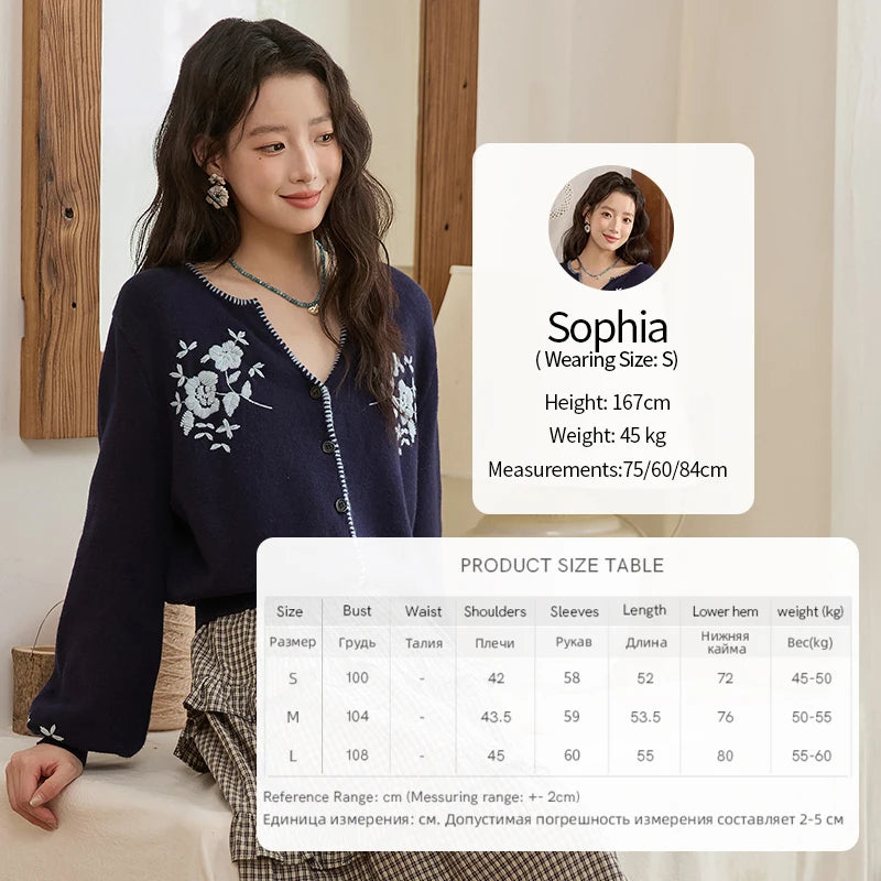 MISHOW Dark Blue Cardigan Women 2025 Autumn New French Vintage Embroidered Knit Cardigan Casual Round Neck Sweater MXE45Z1381