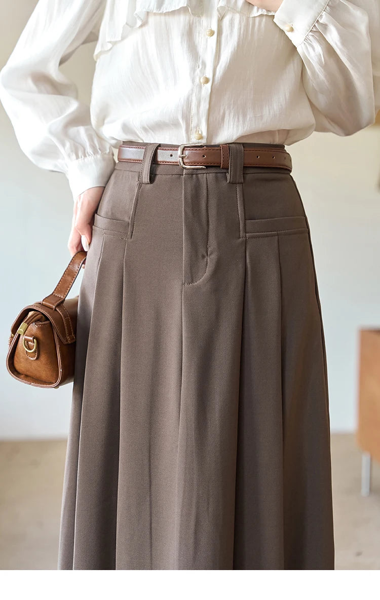 MISHOW Women's Midi Skirt 2023 Autumn Academy Pleated Commuter A-LINE Pockets Solid Split Back Hem Mid-Calf Skirts MXC42B0118