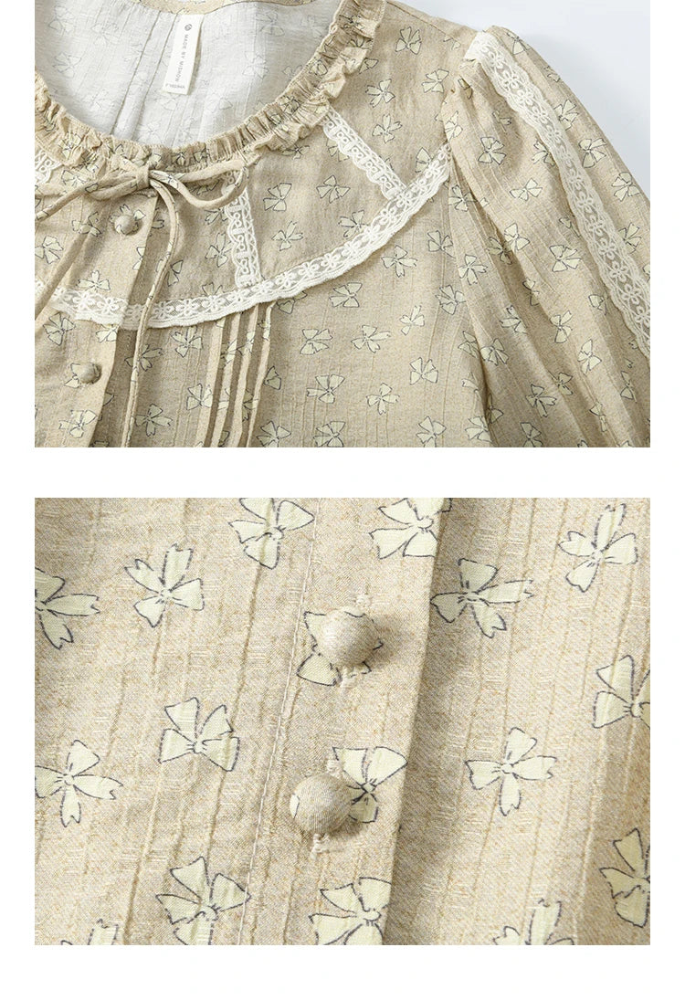 MISHOW Women's Floral Round Neck Shirts 2025 Spring Ruffled Collar Commuting Top Sweet Petal Sleeve Lace-up Shirts MXE14X1729