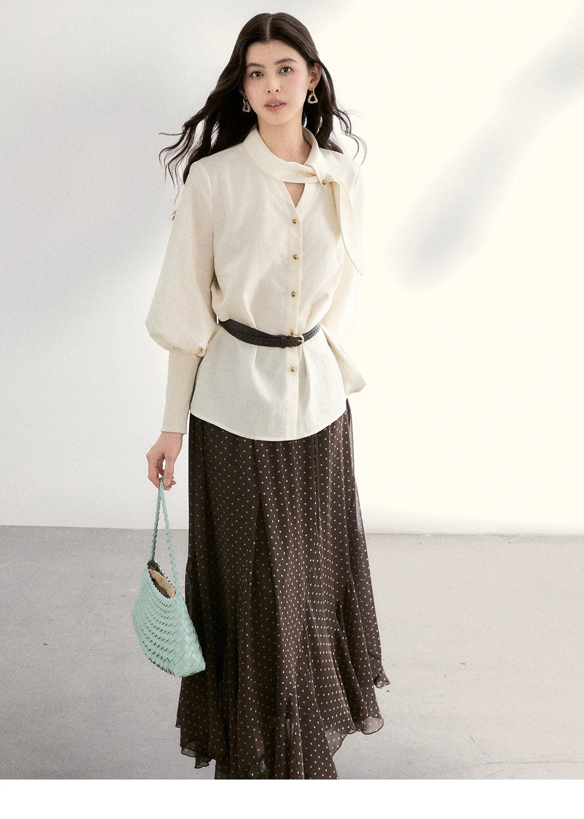 MISHOW Women's Tie Neck Shirts Spring Hollow-out Knitted Patchwork Puff Sleeve Tops Casual Elegant Shirt Office Lady MXF108C0812