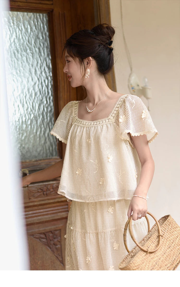 MISHOW Elegant Butterfly Flying Sleeve Blouses Elastic Waist Skirt Separately Summer Back Lace-up Top Midi Skirts MXD29X1559