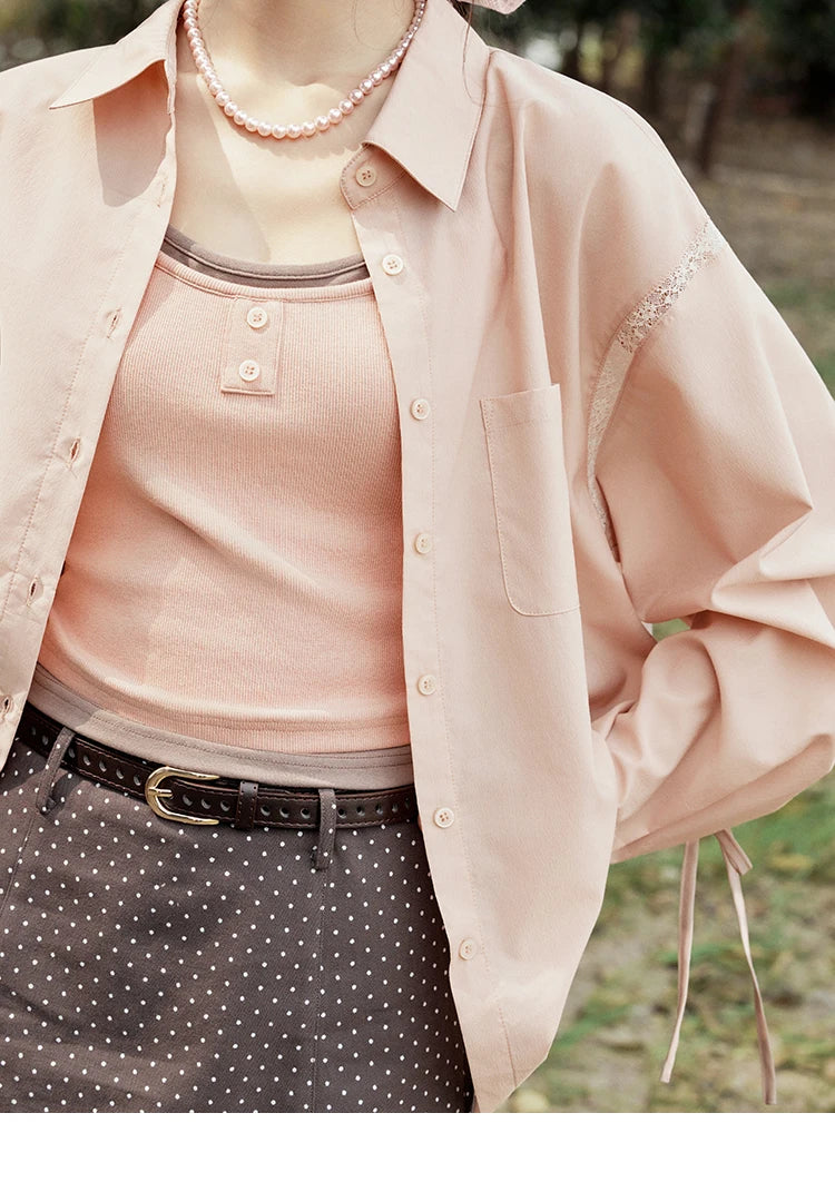 MISHOW Pink Long Sleeve Shirt for Women Spring 2025 Korean Splicing Lace Bow Tie Shirt Polo-neck Solid Versatile Tops MXE16C0767