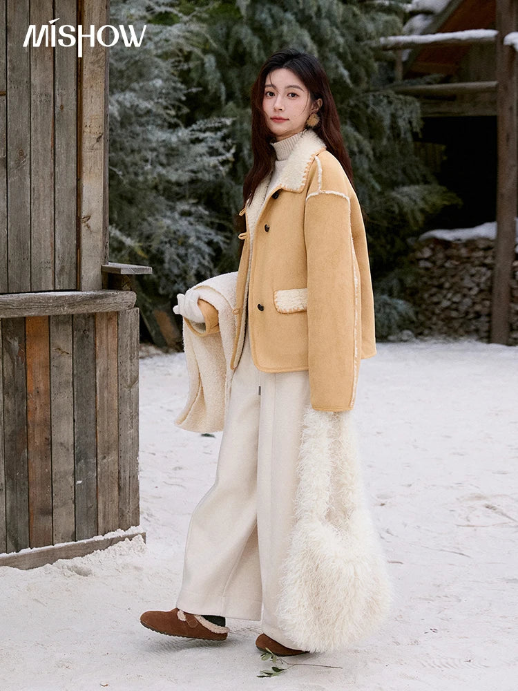 MISHOW Yellow Thickened Fur Integrated Suede Jacket for Women Winter 2025 Lapel Loose Warm Imitation Lamb Fur Jacket MXE92W1016