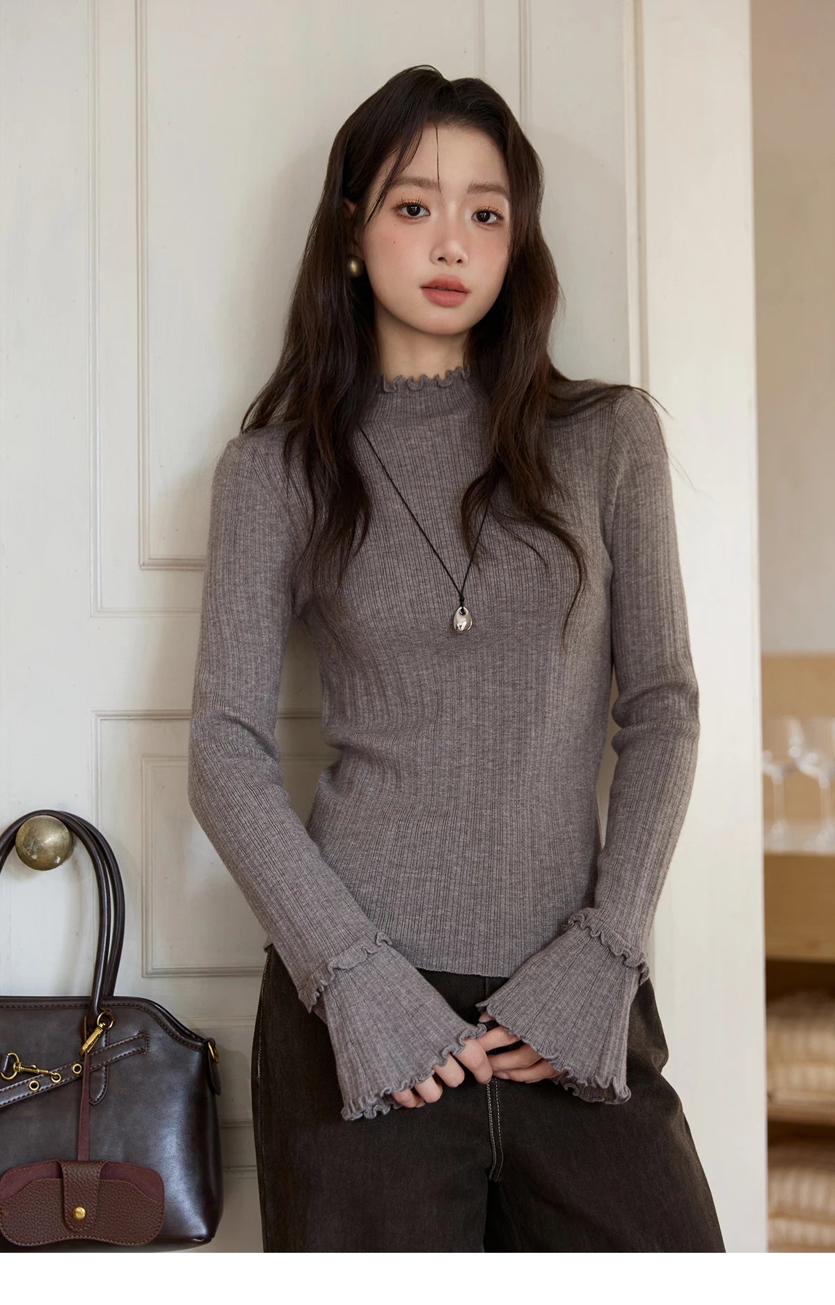 MISHOW Women's Long Sleeve Top 2025 Autumn New Casual Solid Turtleneck Slim Knit Wood Ear Edge Trumpet Sleeve Top MXE51Z2552