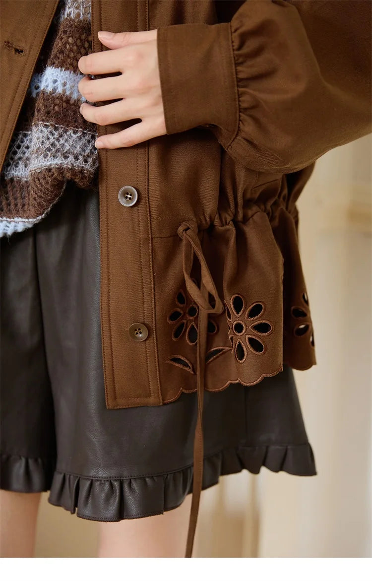 MISHOW Hollow Embroidered Trench for Women Autumn 2025 Drawstring Waist Coffee Jacket Lapel Single Breasted Coat MXE48W0855