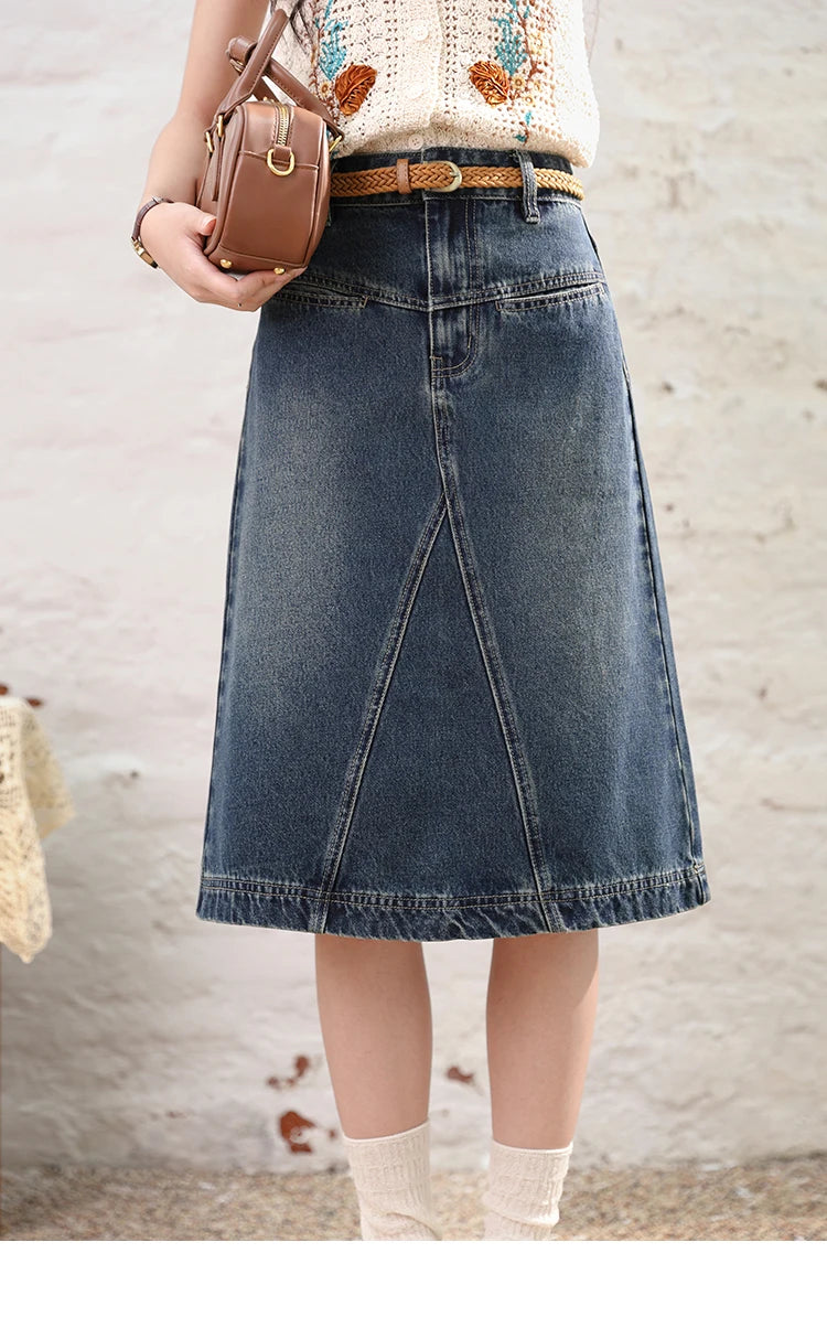 MISHOW Denim Fishtail Skirt 2024 Summer Retro Casual Love Embroidered Pockets Skirt A-line Umbrella Knee-Length Skirt MXD28B0414