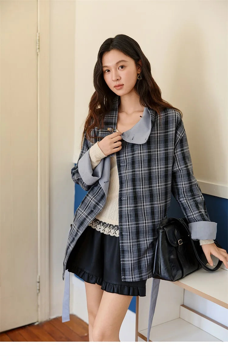 MISHOW Two Sided Outerwear Trench for Women Autumn Winter 2025 Blue Plaid Patchwork Diagonal Placket Belt Trench MXE48W0871