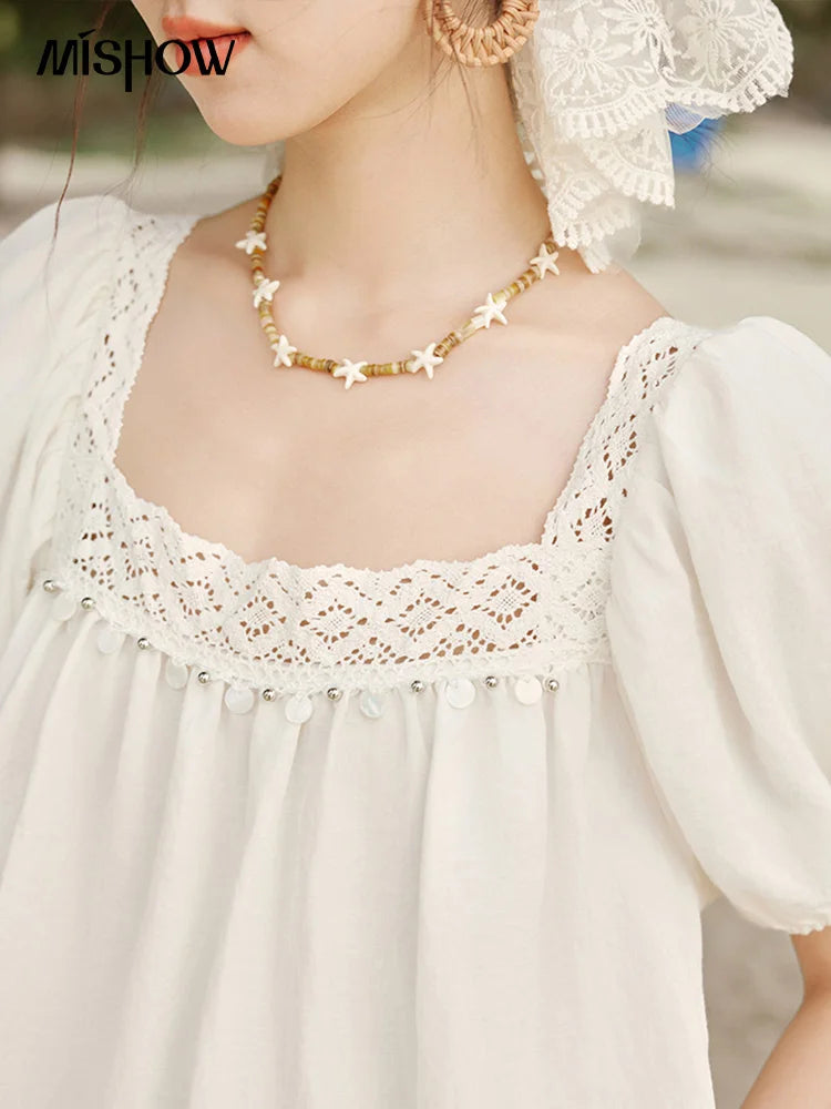 MISHOW French New Shirts Women Summer 2025 Short Puff Sleeve Square Collar Solid Splicing Lace Blouses Female Holiday MXE32X1780