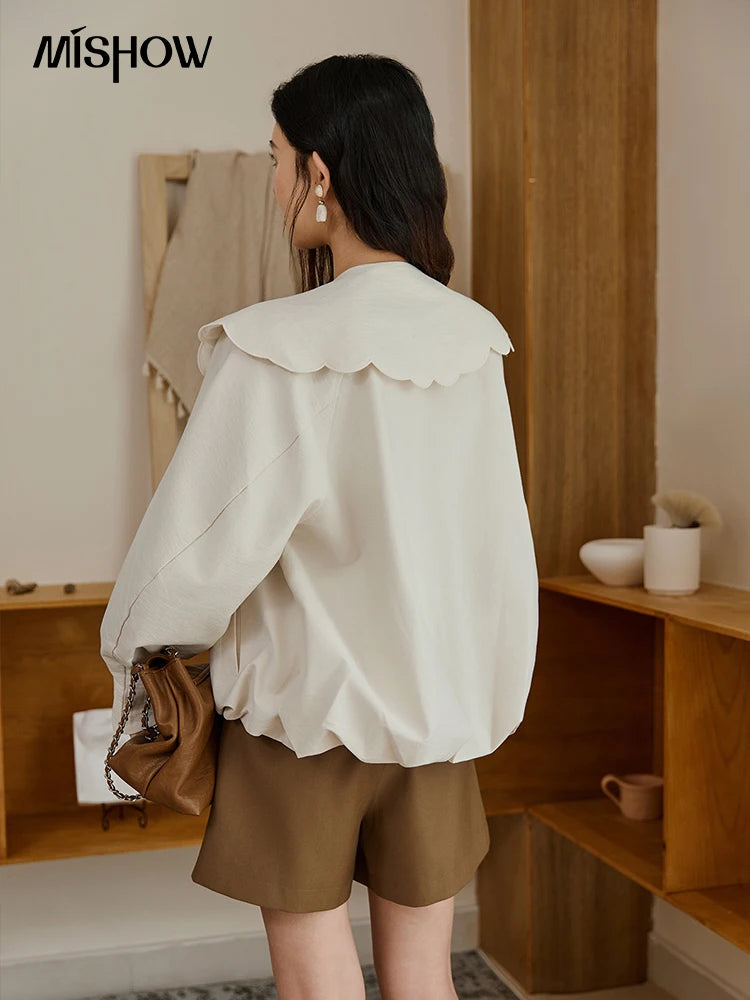 MISHOW Women's Wheat Sprout Embroidery Coat Autumn 2025 Beige Doll Collar Hem Folded Short Coats Loose Zipper Jackets MXE45W0860